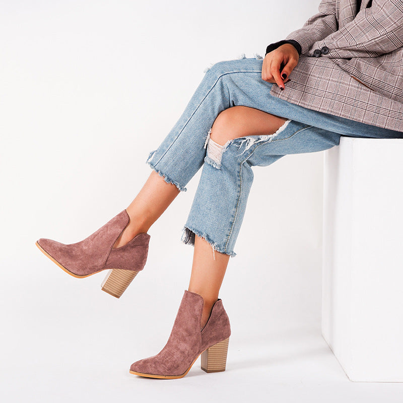 Martin Boots Women's New Suede Short Slim Boots Thick Heel Pointed Large Short Boots