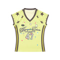 Girl Star Print V-Neck Short Sleeve T-Shirt Color Block Sporty Fitted Cropped Style