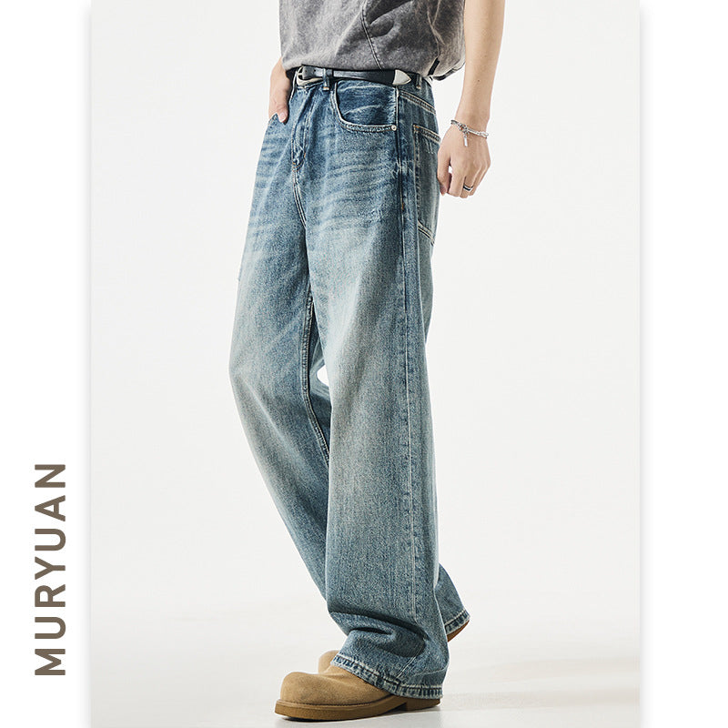 Washed Blue Denim Pants for Men Versatile Mid-Waist A-Line Long Trousers