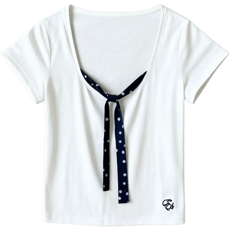 Faux Two-Piece U-Neck Lyocell Polka Dot Tie-Front Short Sleeve T-Shirt for Women