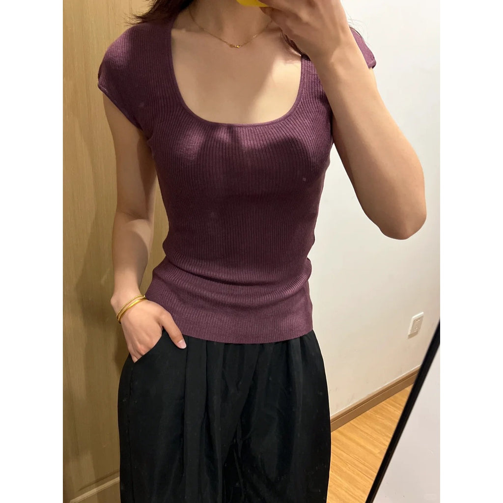 Purple U-Neck Ribbed Knit Short Sleeve