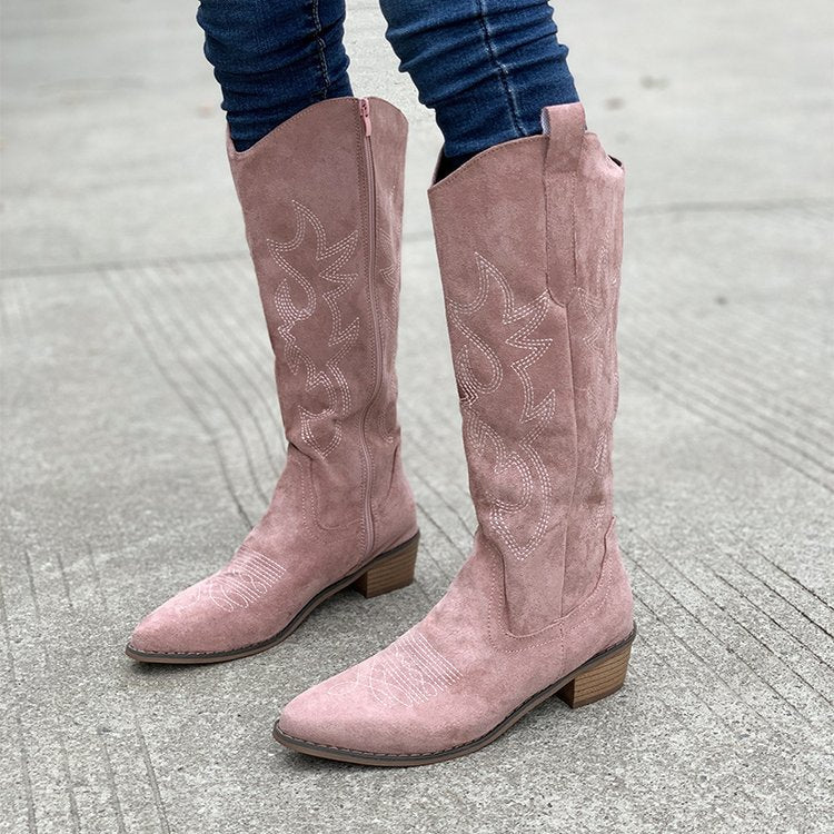 Brown thick heeled mid calf knight boots short boots Western cowboy