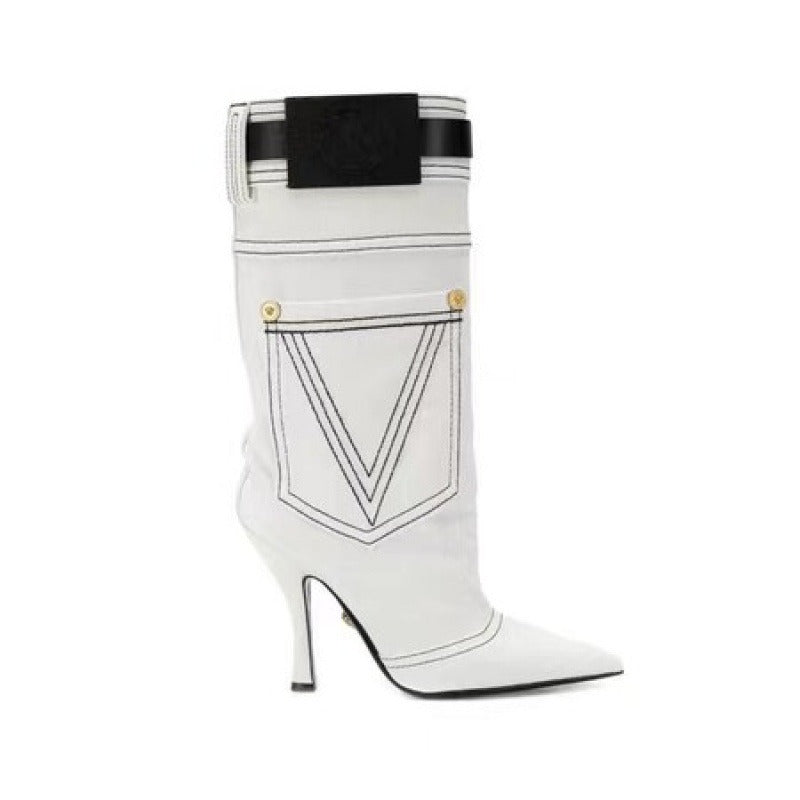 Western Cowboy Boots Women's BlueVintage High Heel Knight Boots Big Barrel Girth Pointed Slim Boots No More Than Knee