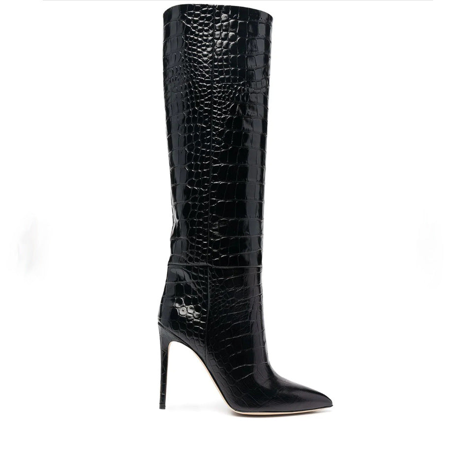 Women's High Boots Crocodile Print Slip-on Long Boots Women Sexy High Heels Designer Shoes Stiletto Concise Demonia Boots