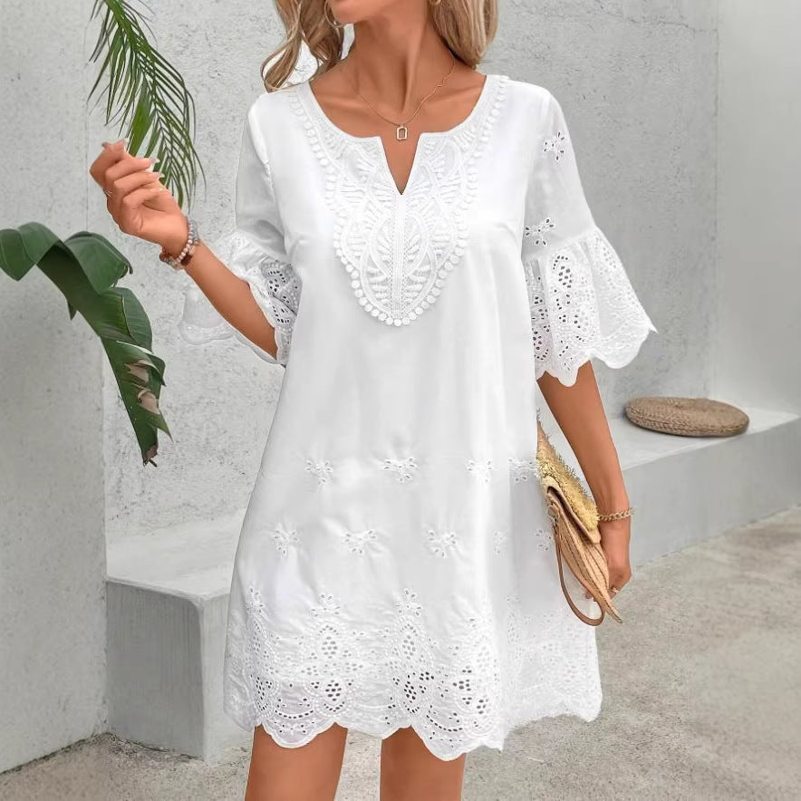 Hollow embroidery solid color five quarter sleeve women's dress