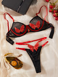 Butterfly embroidery sexy mesh contrasting color lingerie set