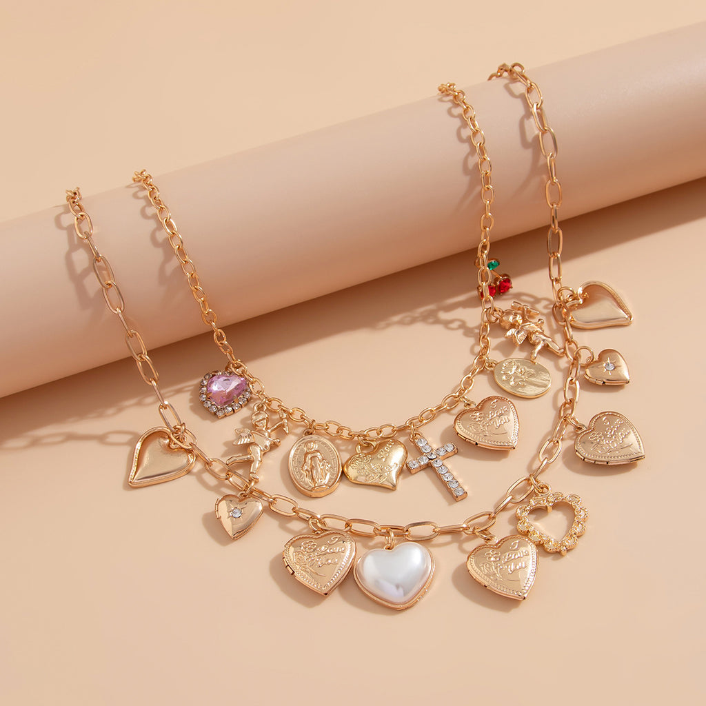 Ins Love Element Pendant Alloy Necklace Stacked Wind Set Diamond Cross Collar Chain