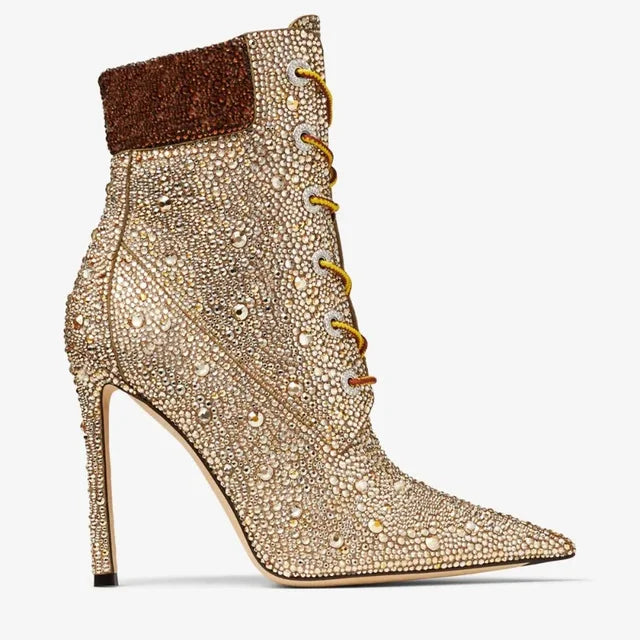 Water Diamond Mixed Color Cross Strap Short Boots Sexy Spicy Girl Crazy Racing Party Ankle Boots  Fashion Women's Shoes35-41