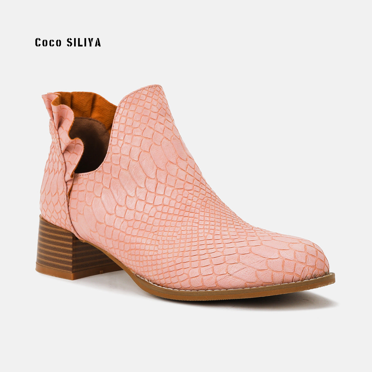 Snakeskin Boots Autumn and Winter New Large Women's Boots Round Toe Heavy Heel Martin Boots