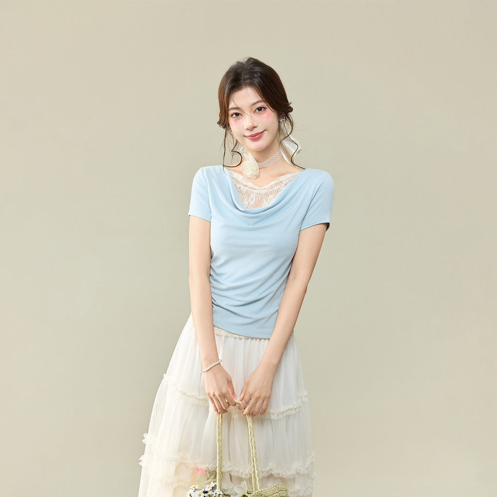 Off-Shoulder Lace Spliced Short Sleeve T-Shirt for Women, Elegant and Sexy Fitted Top with Ruffled Neckline