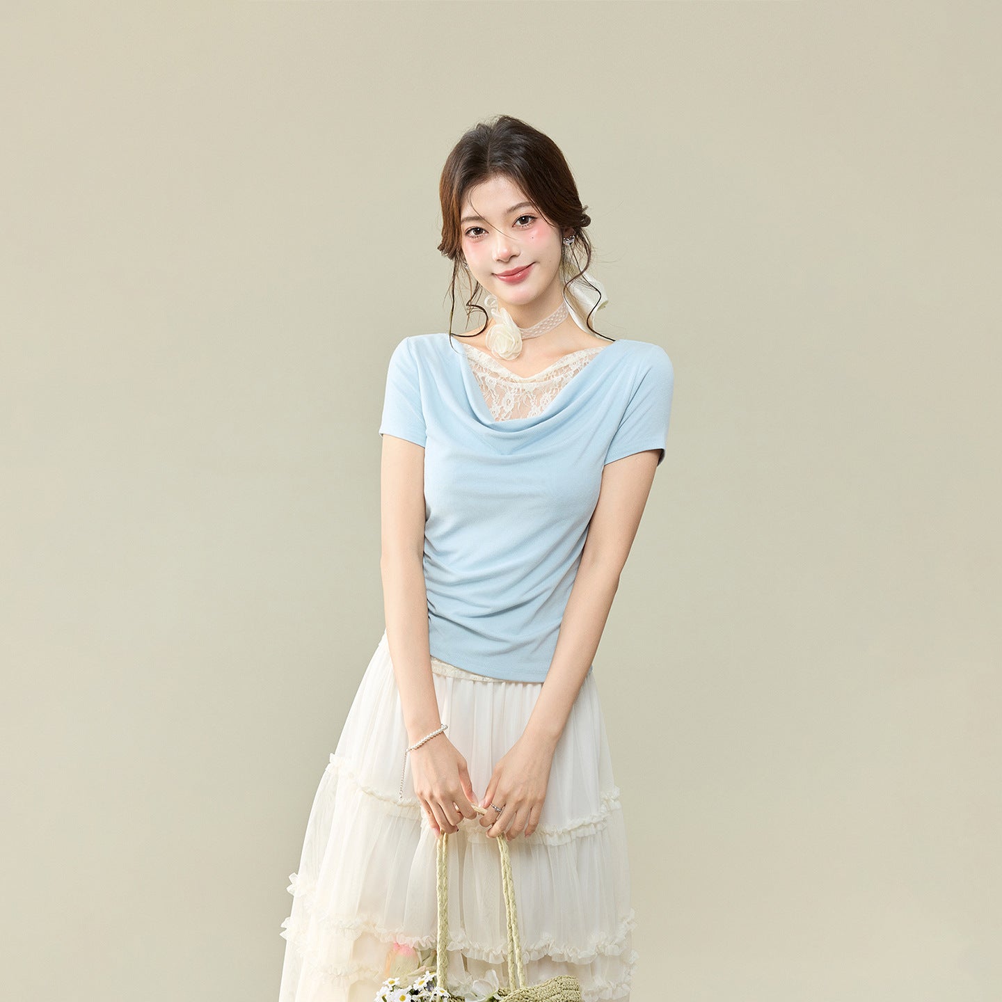 Off-Shoulder Lace Spliced Short Sleeve T-Shirt for Women, Elegant and Sexy Fitted Top with Ruffled Neckline