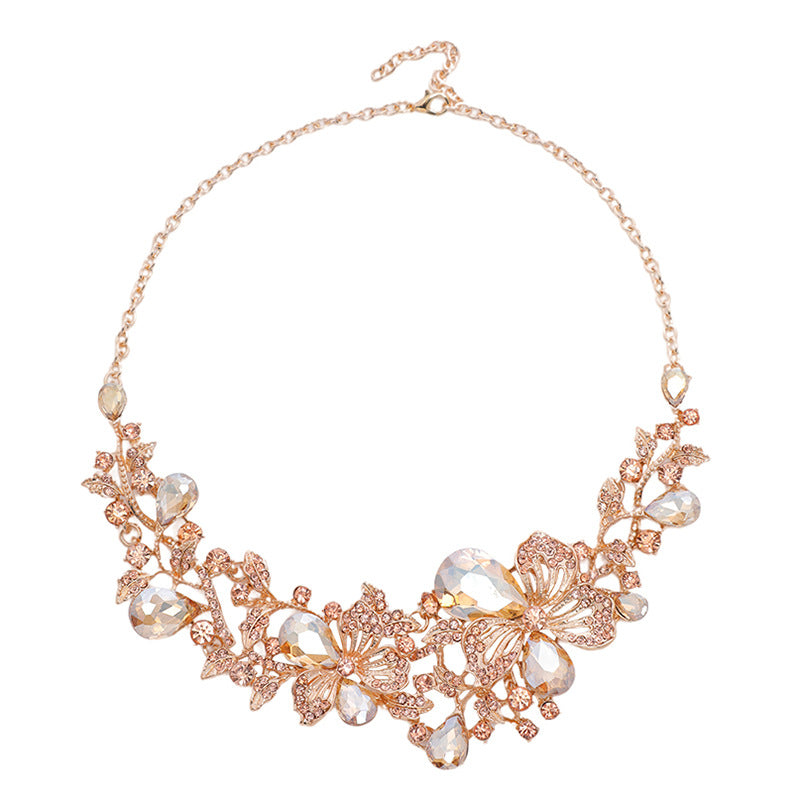 Exaggerated Necklace Earring Set Female Fashion Temperament Alloy Crystal Flower Bridal Dress Personality