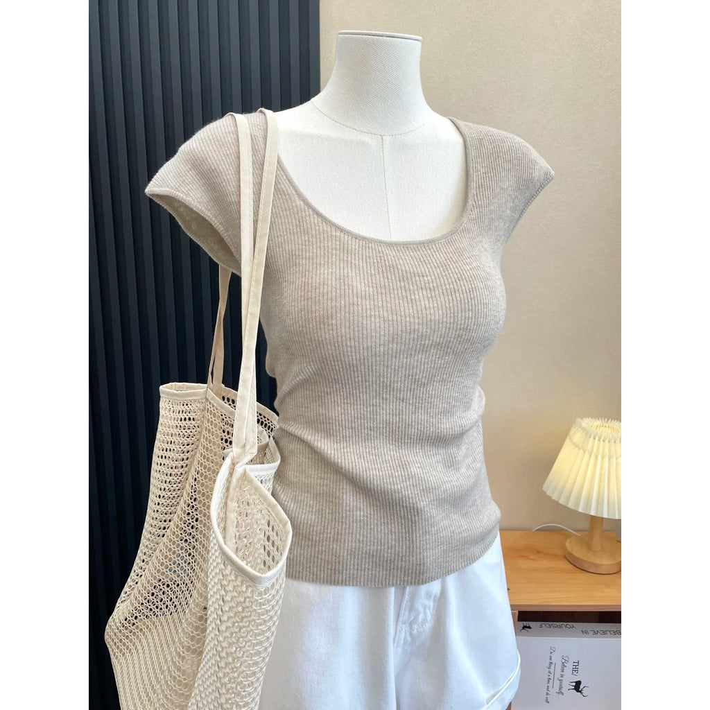 Soft Style U-Neck Elegant Ribbed Knit Short Sleeve Innerwear Top