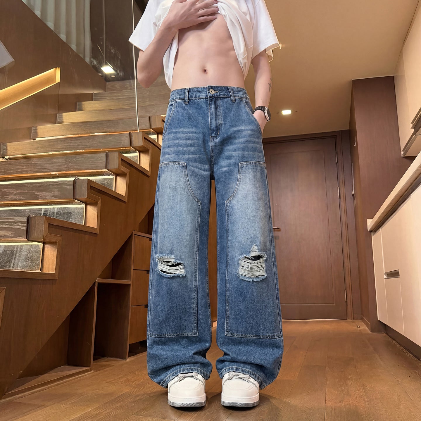 Ripped Denim Pants Men Washed Design Clean Fit Straight Leg Wide Leg Long Pants
