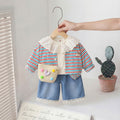 Long sleeved baby casual striped cardigan three piece set