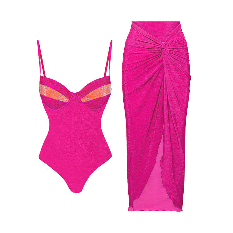 Color-blocked glittery Sleeveless  One-piece  Bikini-style  Swimwear Set