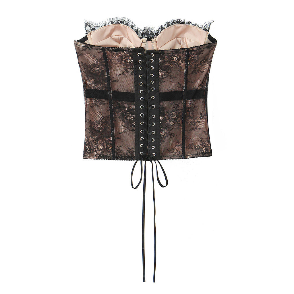 Solid color lace strap strapless waist cinching top