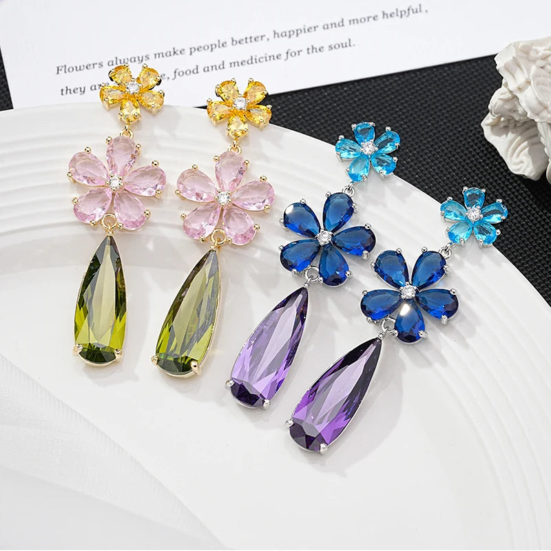 Fashion Color Cubic Zirconia Flower Long Earring for Wedding Pave Color Cubic Zirconia Party Jewelry Gift Long Water Drop