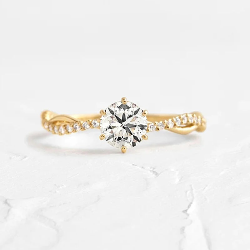 S925 Pure Silver Woven Wave Diamond Row Center Stone Ring