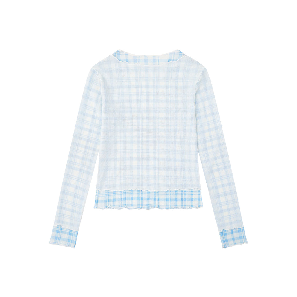 Girl Print Top Plaid Patchwork Wavy Edge Sweet Girl Style Long Sleeve Hoodie