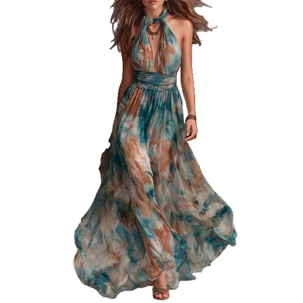 Hang Neck Backless Ink Print Vacation Style Casual Long Dress