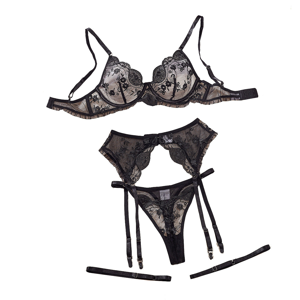Sexy Bra Set Embroidered Mesh Splicing Sexy Underwear garter Belt Four Piece Set