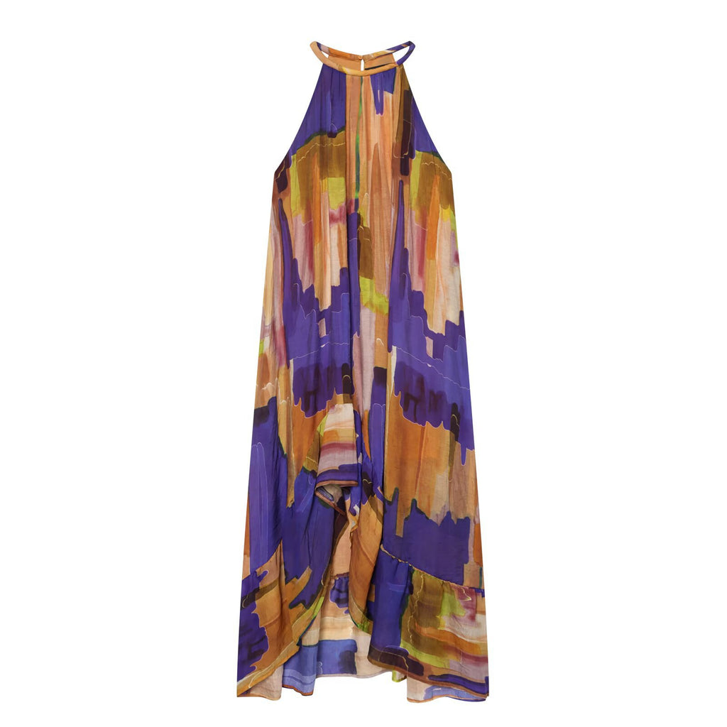 Hanging neck asymmetrical hem printed dress