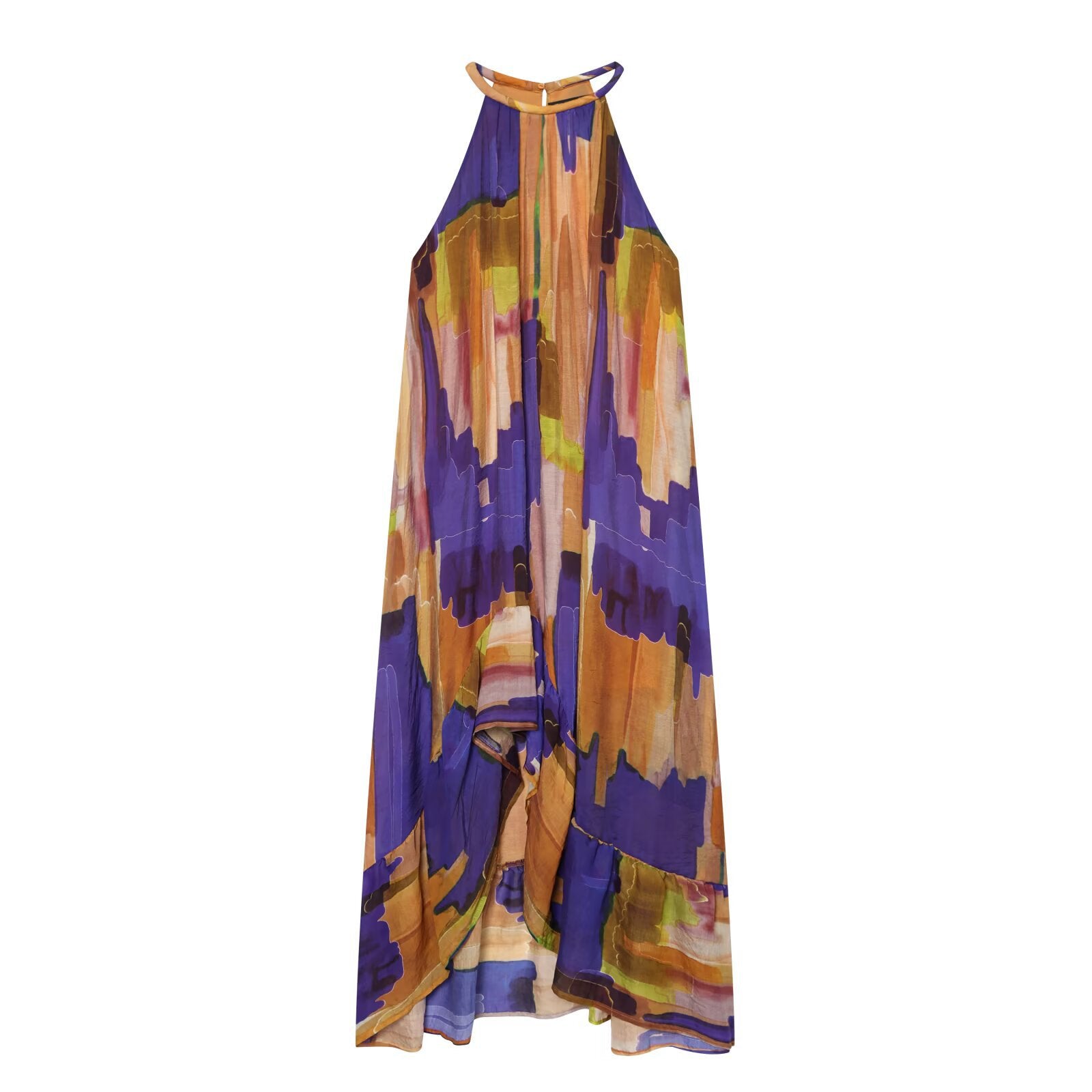Hanging neck asymmetrical hem printed dress