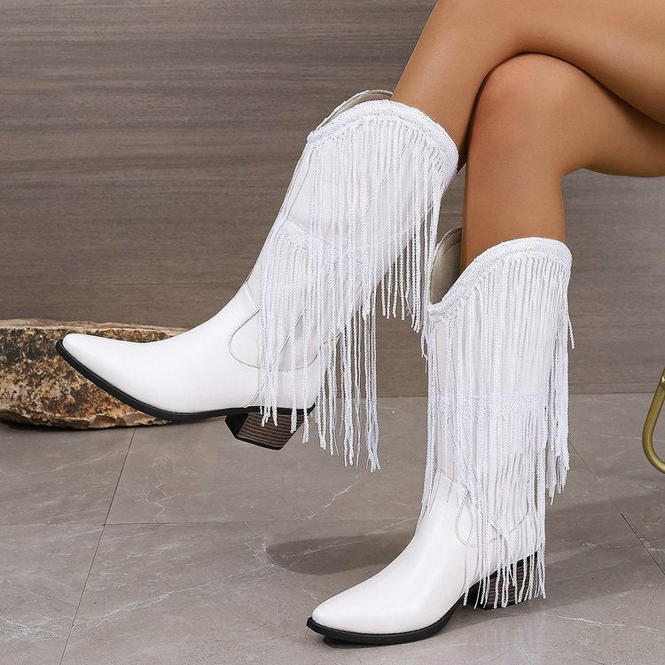 Women's Fringe Fashion Boots with Tassels, Sexy Retro Western Long Boots in Large Sizes