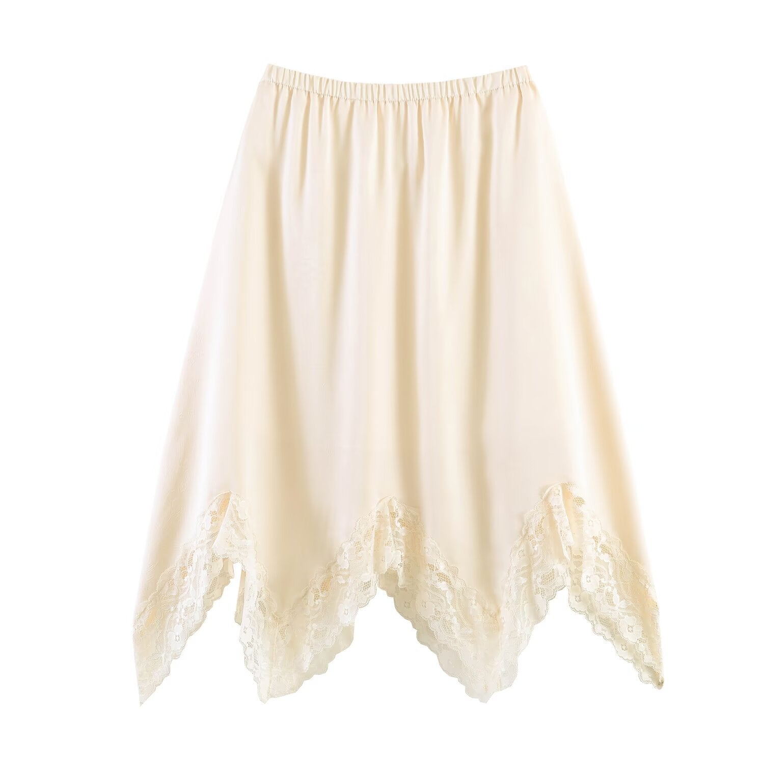 Irregular hem lace lace embossed satin skirt