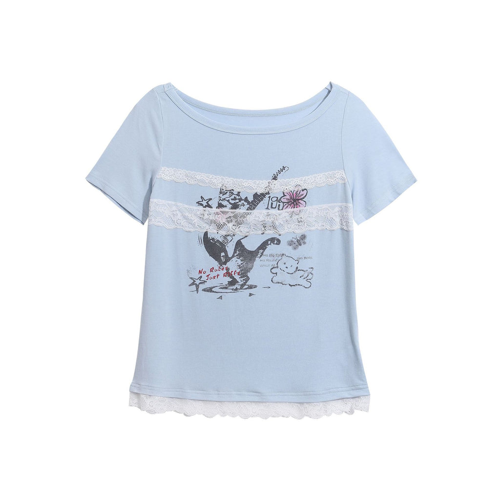 Cool Style Lace Patchwork Printed T-Shirt with Guitar Cat Pattern, Fitted Cropped Top