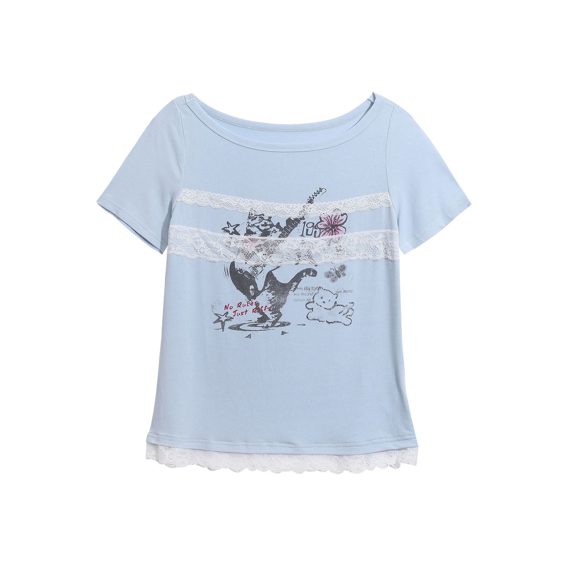 Cool Style Lace Patchwork Printed T-Shirt with Guitar Cat Pattern, Fitted Cropped Top