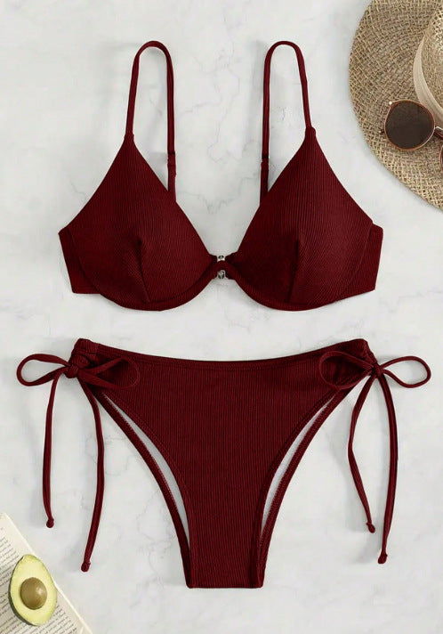 Solid color collar bikini set