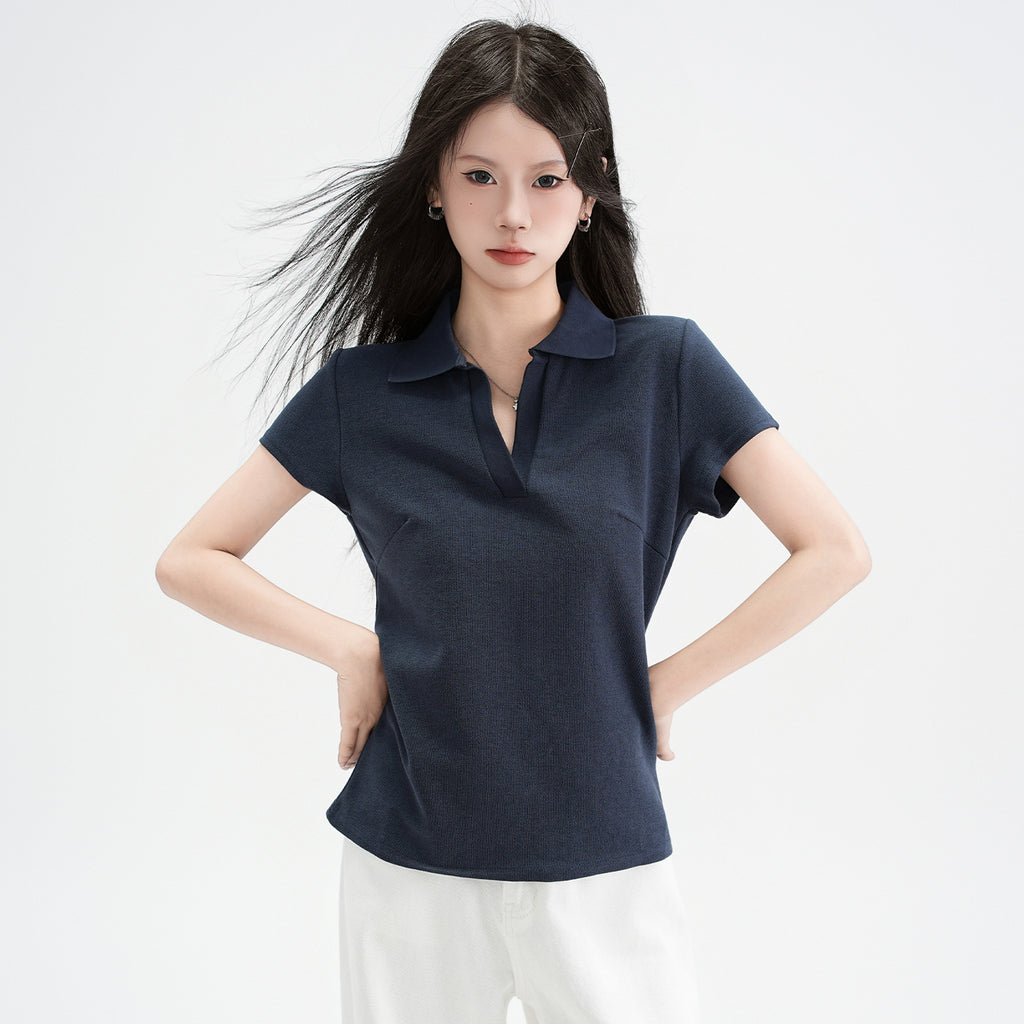 Chic Polo Collar Straight Shoulder Short Sleeve T-Shirt for Women