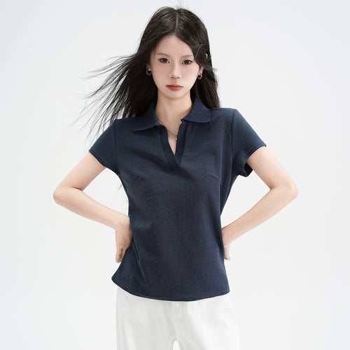 Chic Polo Collar Straight Shoulder Short Sleeve T-Shirt for Women