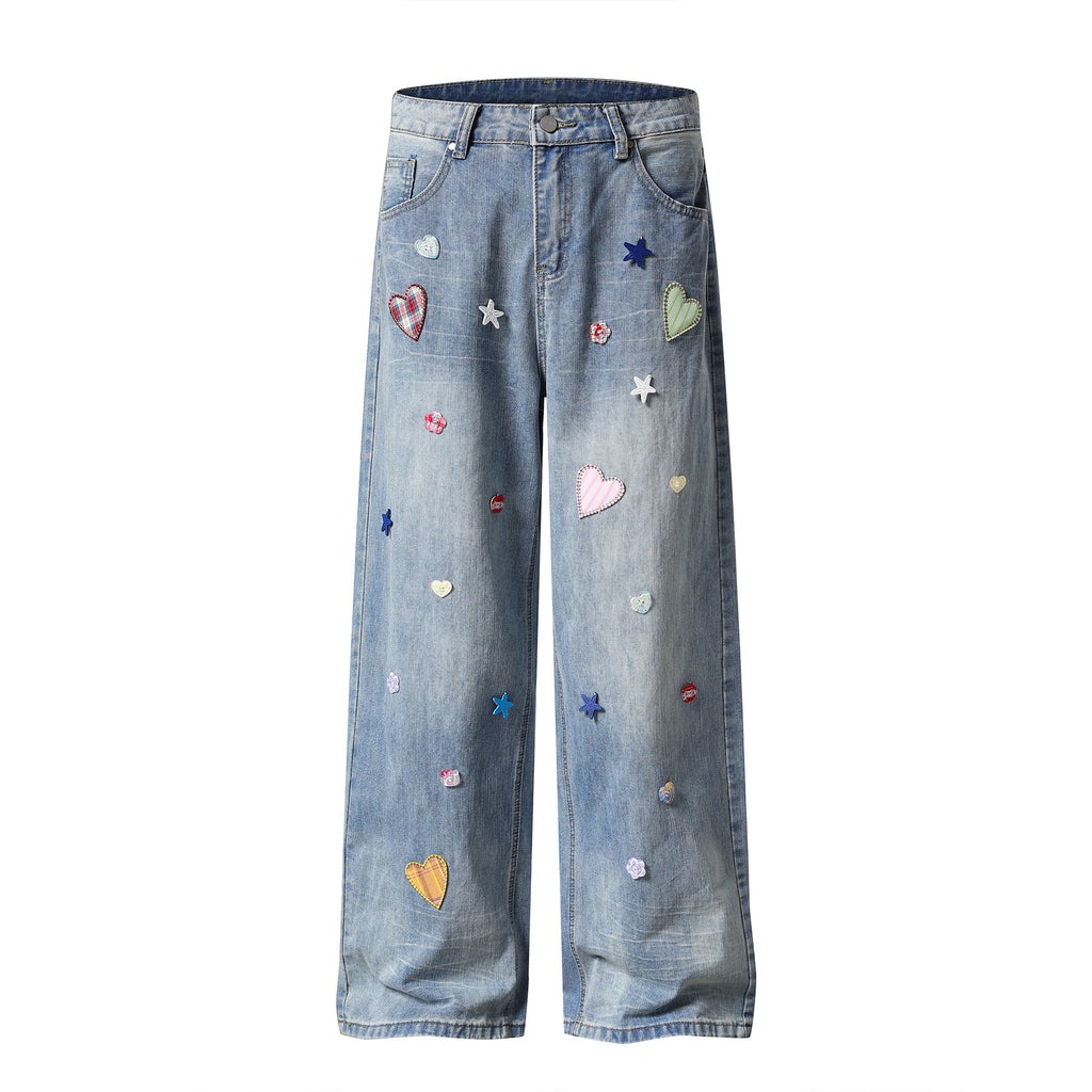 Patchwork Denim Pants Loose Straight-Leg Sweet Girl Style Versatile Long Pants