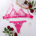 Two piece set of sexy lingerie with butterfly knot floral embroidery and mesh stitching