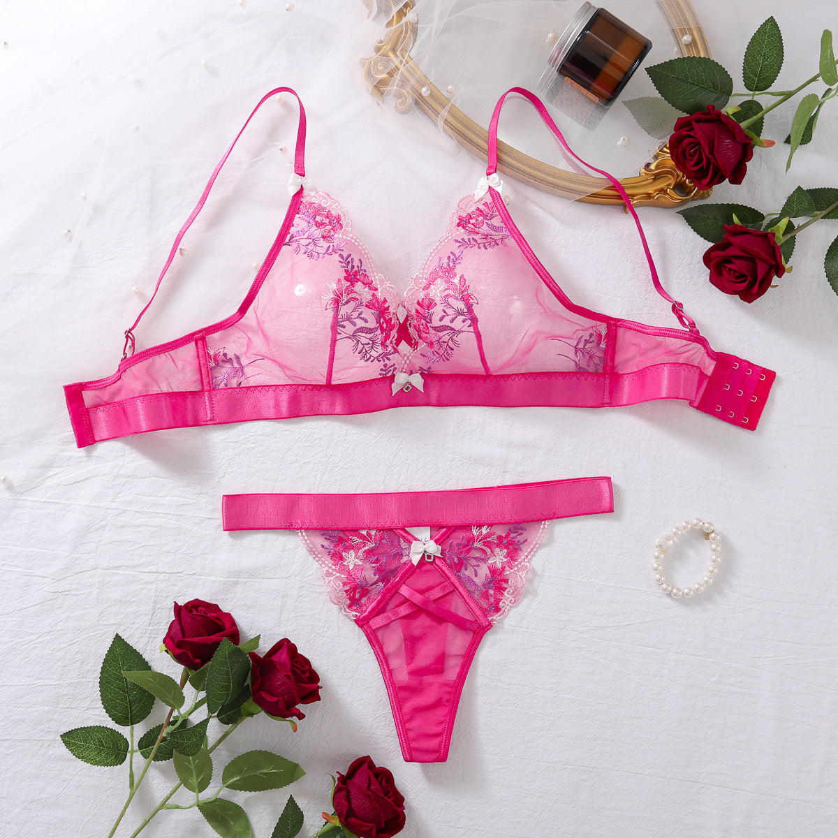 Two piece set of sexy lingerie with butterfly knot floral embroidery and mesh stitching