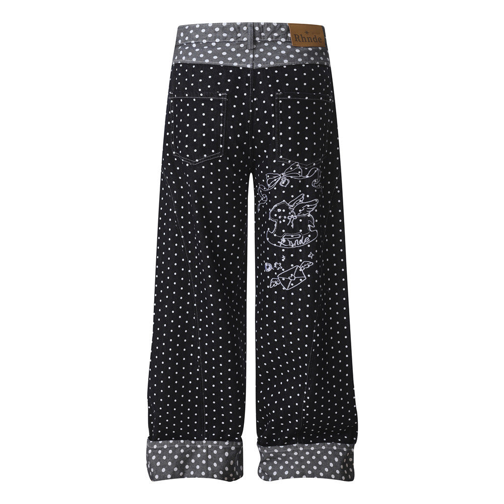 Cartoon embroidery polka dot denim pants
