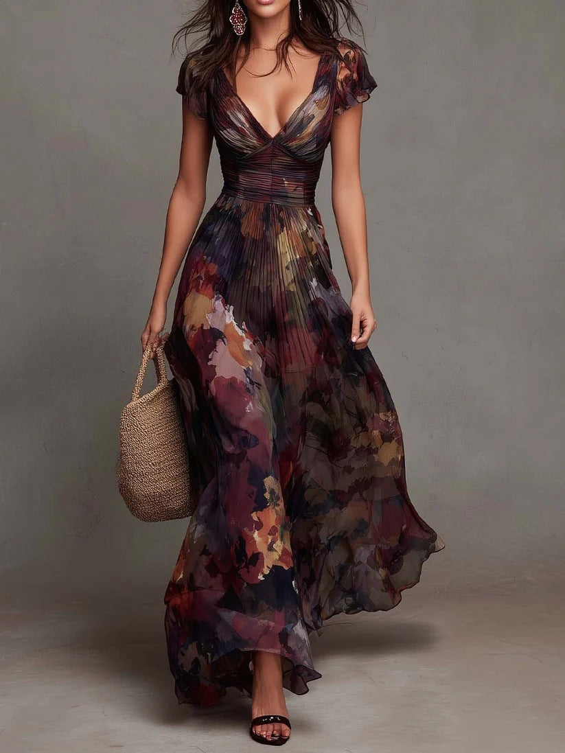 Elegant Deep V-Neck Painted Print Fitted Waist Flowy Chiffon Maxi Dress