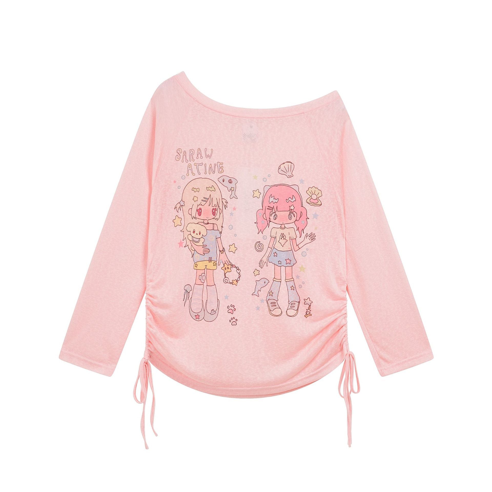 Ocean Girl Print Top Drawstring Ruffle Sweet Style Loose Long Sleeve Hoodie