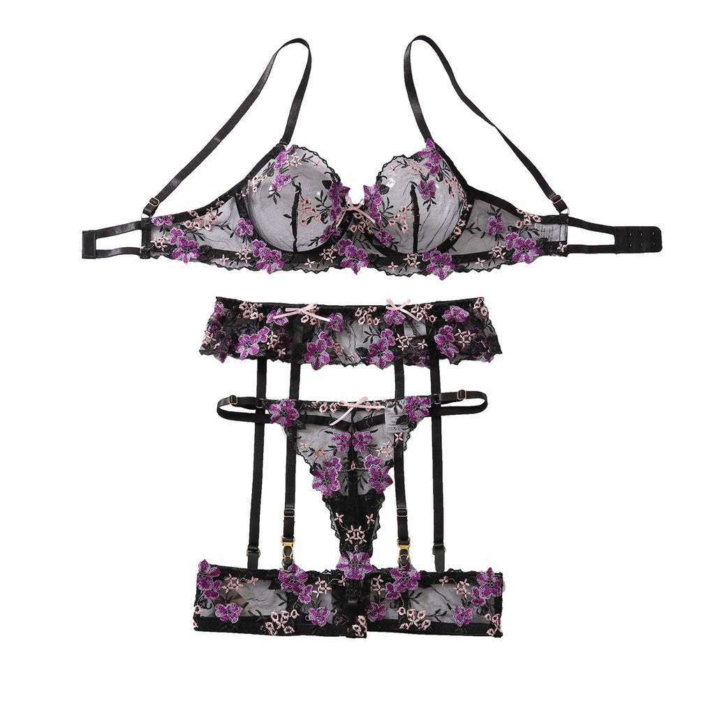 Purple Sexy Lace Embroidered Bra Collar Bra Underwear Set