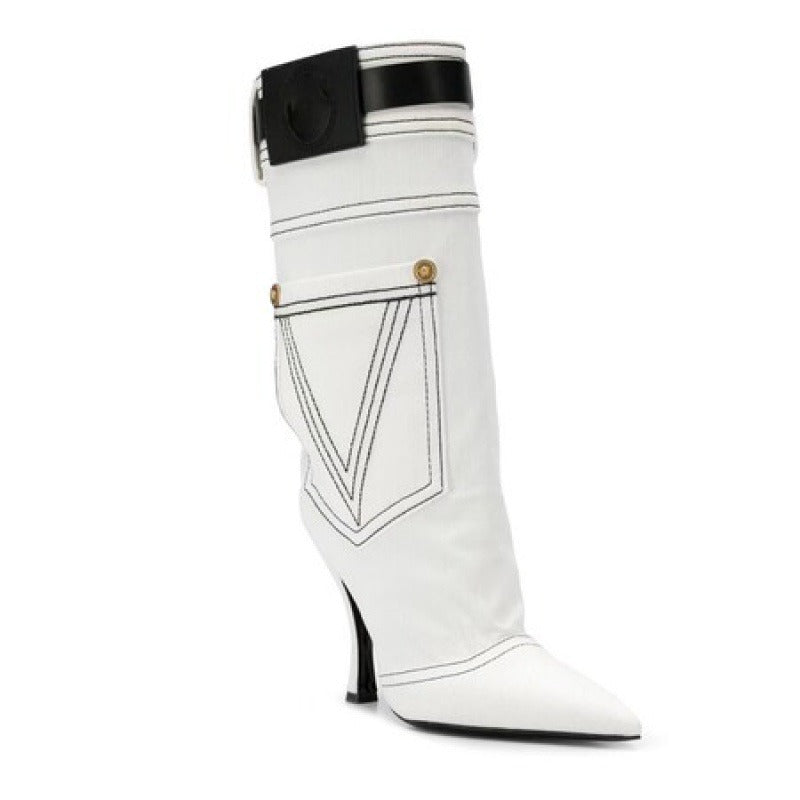 Western Cowboy Boots Women's BlueVintage High Heel Knight Boots Big Barrel Girth Pointed Slim Boots No More Than Knee