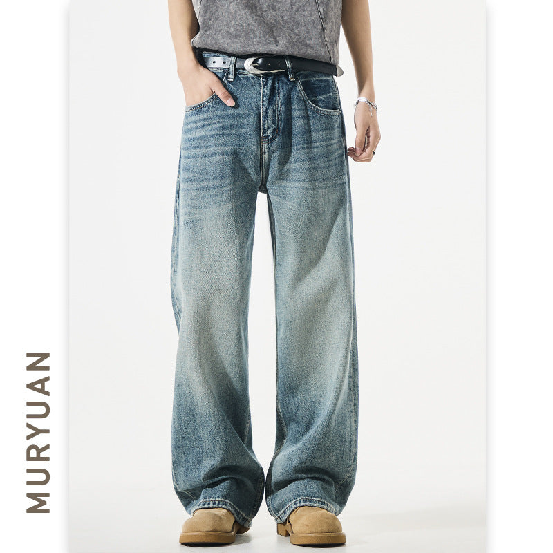Washed Blue Denim Pants for Men Versatile Mid-Waist A-Line Long Trousers