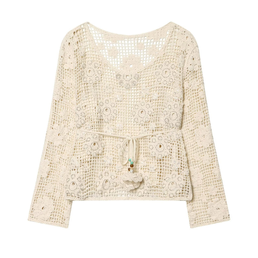 Elegant belt with diamond studded hollow out long sleeved knitted sweater