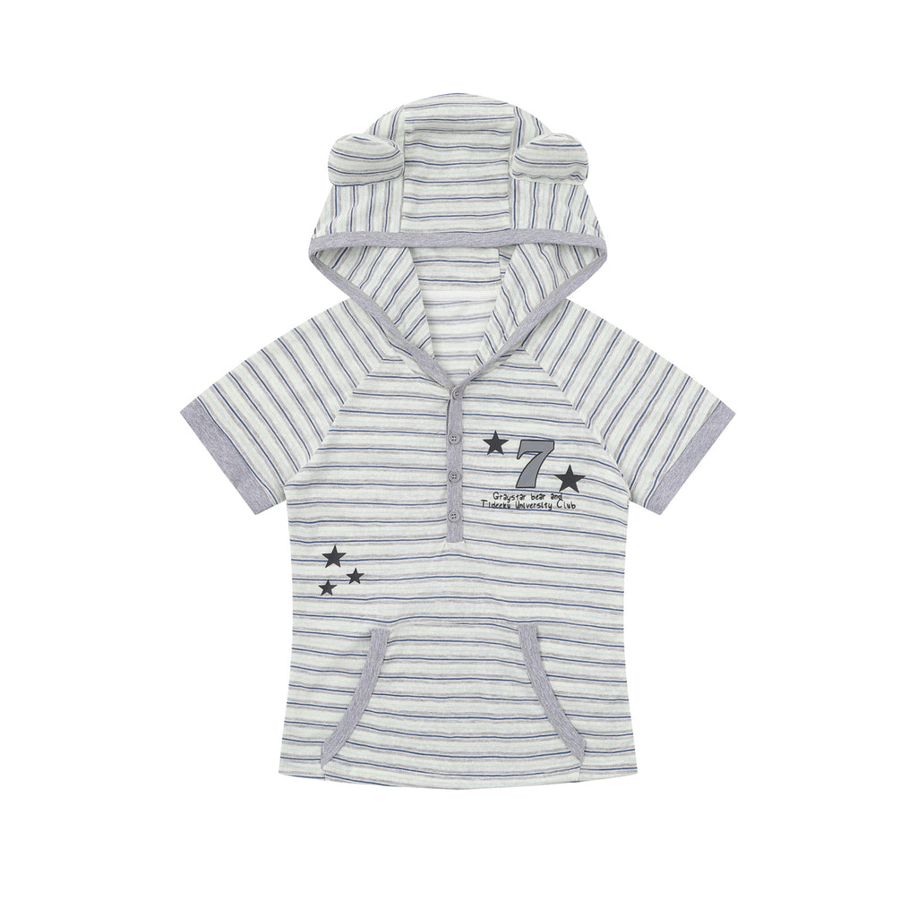 Short Sleeve Striped Color-block Printed Hooded T-shirt Top for Layering or Outer Wear