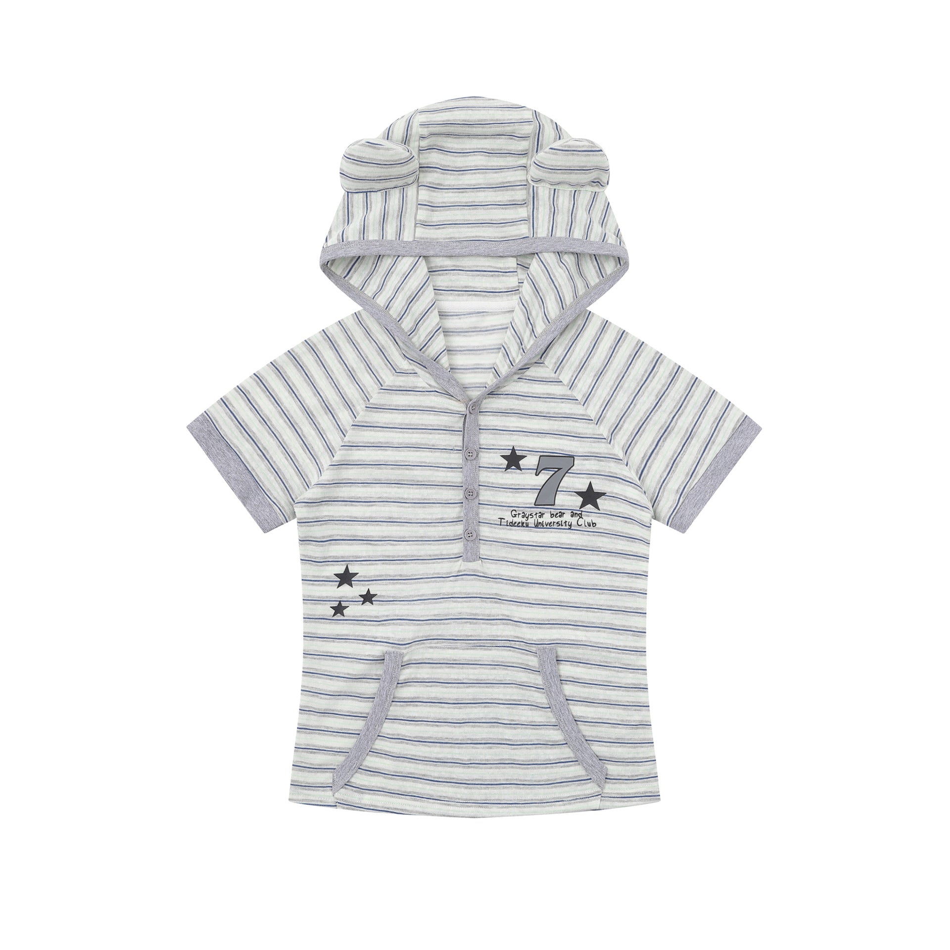 Short Sleeve Striped Color-block Printed Hooded T-shirt Top for Layering or Outer Wear