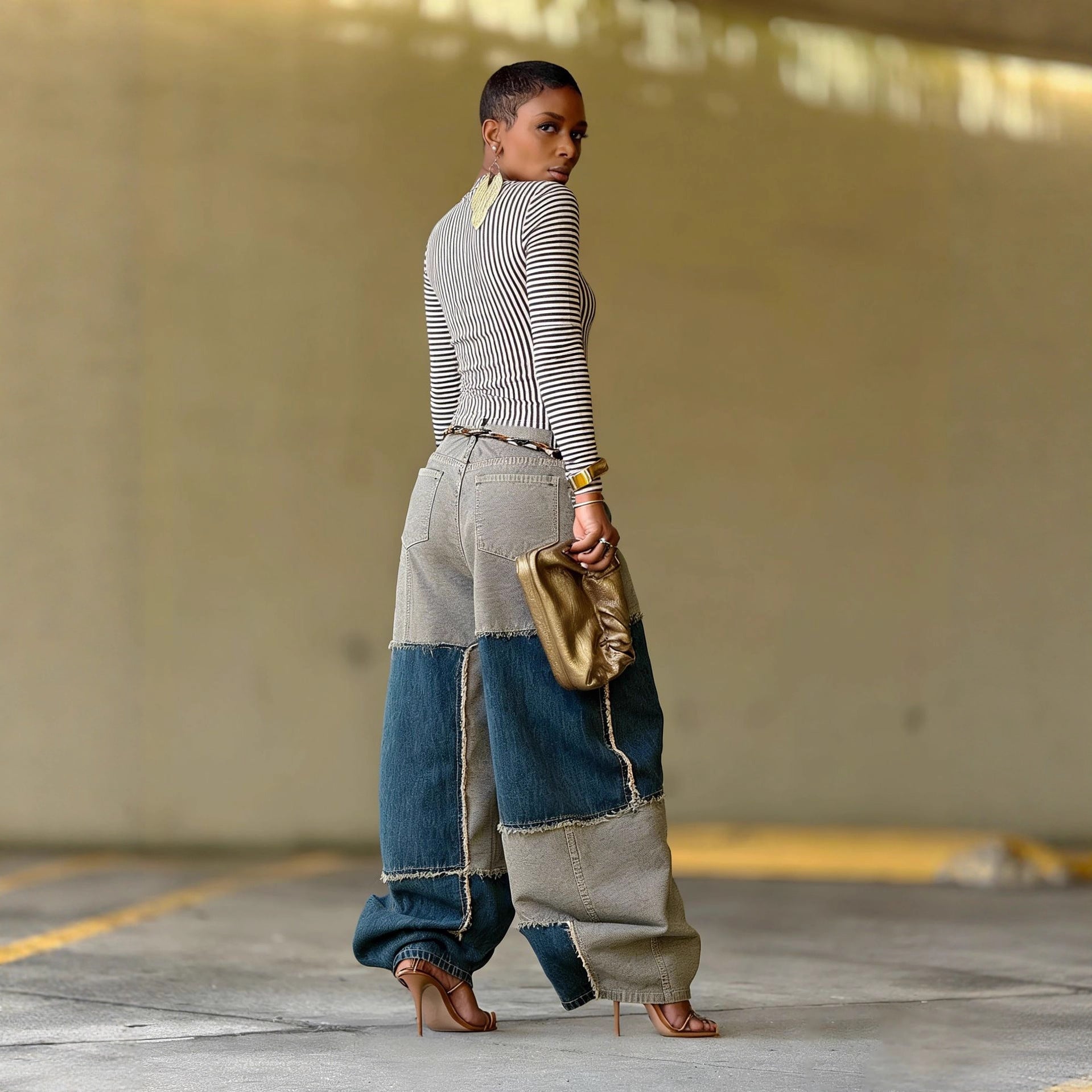 Two-tone Patchwork lash Hem Raw Edge Jeans with Belt