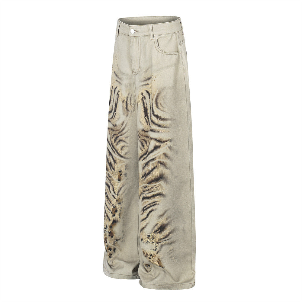 Tiger print digital printed denim wide leg pants