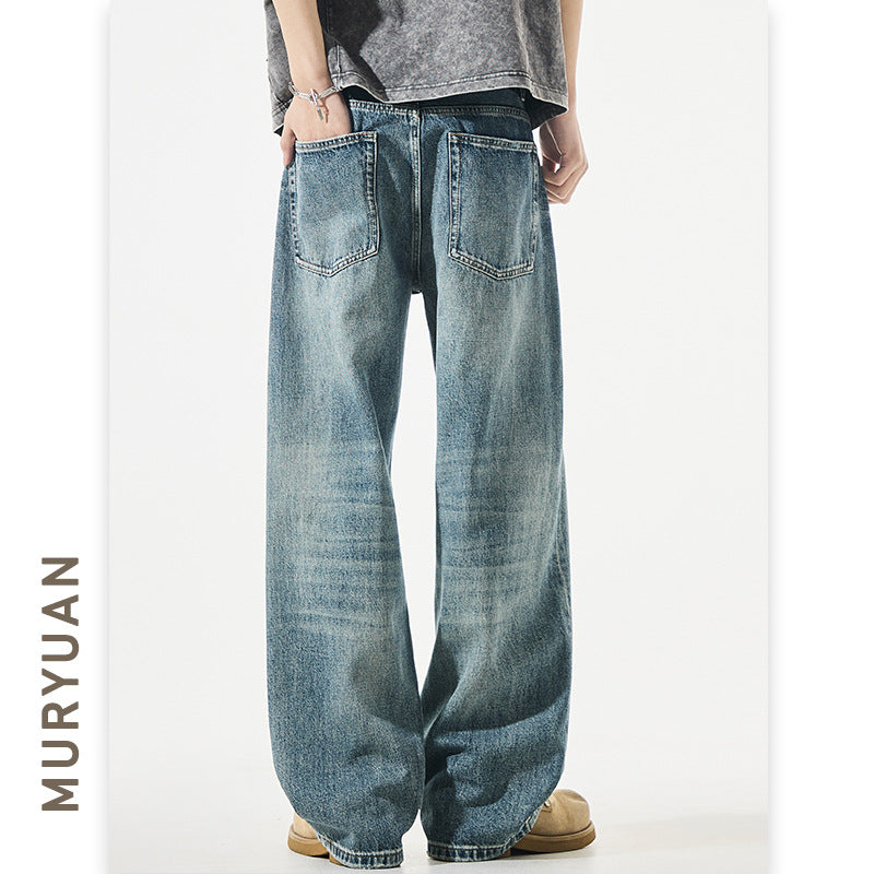 Washed Blue Denim Pants for Men Versatile Mid-Waist A-Line Long Trousers